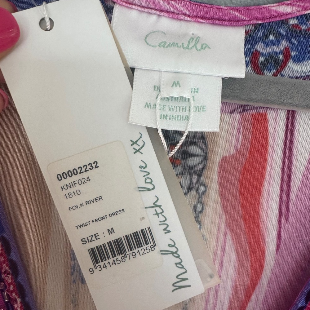 NWT Camilla Folk River Twist Front Dress Pink Beaded V-Neck Midi KNIF024 Med - Picture 3 of 10